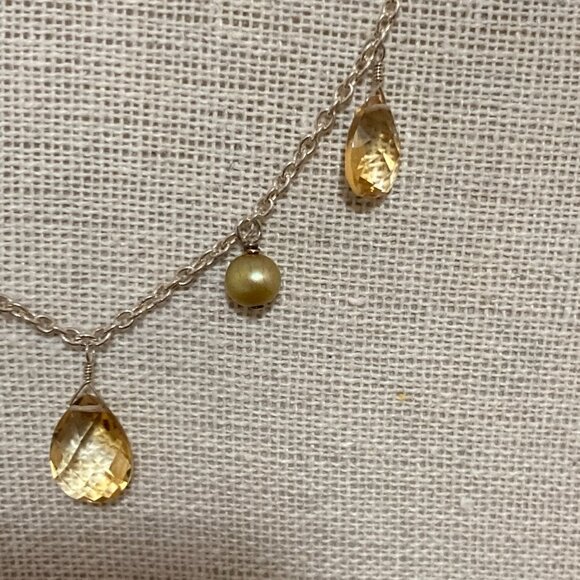 Sterling Silver 925 Yellow Citrine and Pearl Necklace 18" - Picture 3 of 7